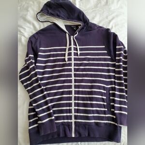 BDG L Navy Blue & White striped Hooded Sweatshirt with Zip & Pockets